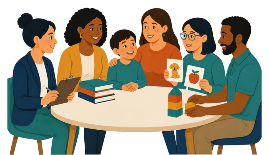 A parent, teacher and therapists meeting around a table with a smiling child